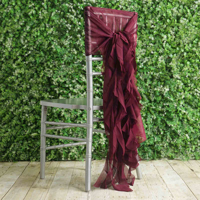 1 Set Chiffon Hoods Chair Sashes with Willow Ruffles Design Burgundy - Stylish Chair Bow Decor - Linen Luxes