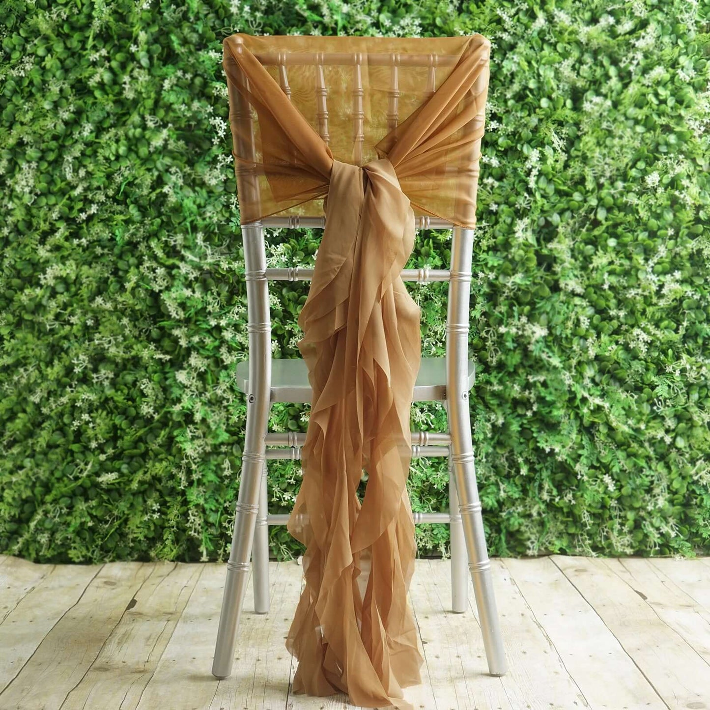 1 Set Chiffon Hoods Chair Sashes with Willow Ruffles Design Gold - Stylish Decor for Weddings & Gatherings - Linen Luxes