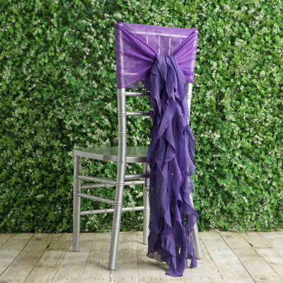 1 Set Chiffon Hoods Chair Sashes with Willow Ruffles Design Purple - Stylish Chair Bow Decor - Linen Luxes