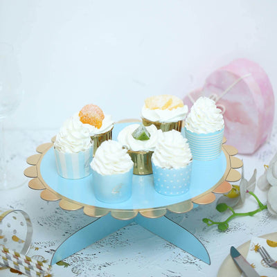 1 - Tier Cardboard Cake Stand Light Blue - Stylish Reusable Cupcake Dessert Holder with Gold Scalloped Rim for Baby Showers Birthdays & Events 13" - Linen Luxes