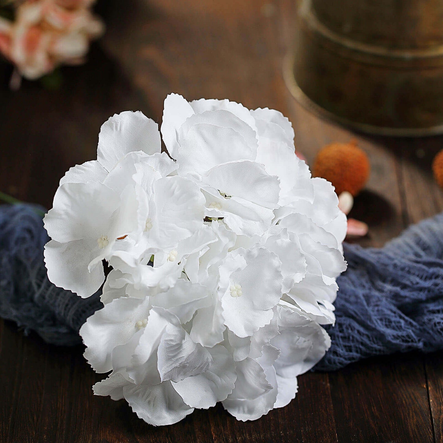 10 Flower Head and Stems White Artificial Satin Hydrangeas, DIY Arrangement - Linen Luxes