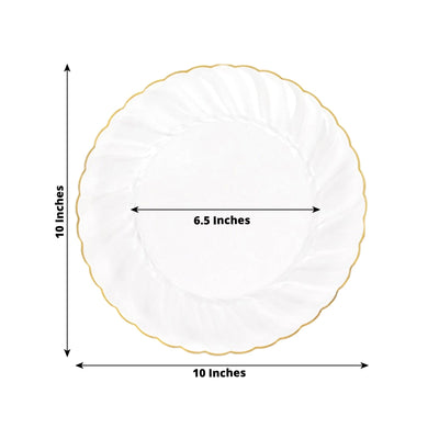 10-Pack Plastic 10" Round Dinner Plates in Clear with Gold Flair Rim - Disposable Party Plates for Upscale Banquets & Special Occasions