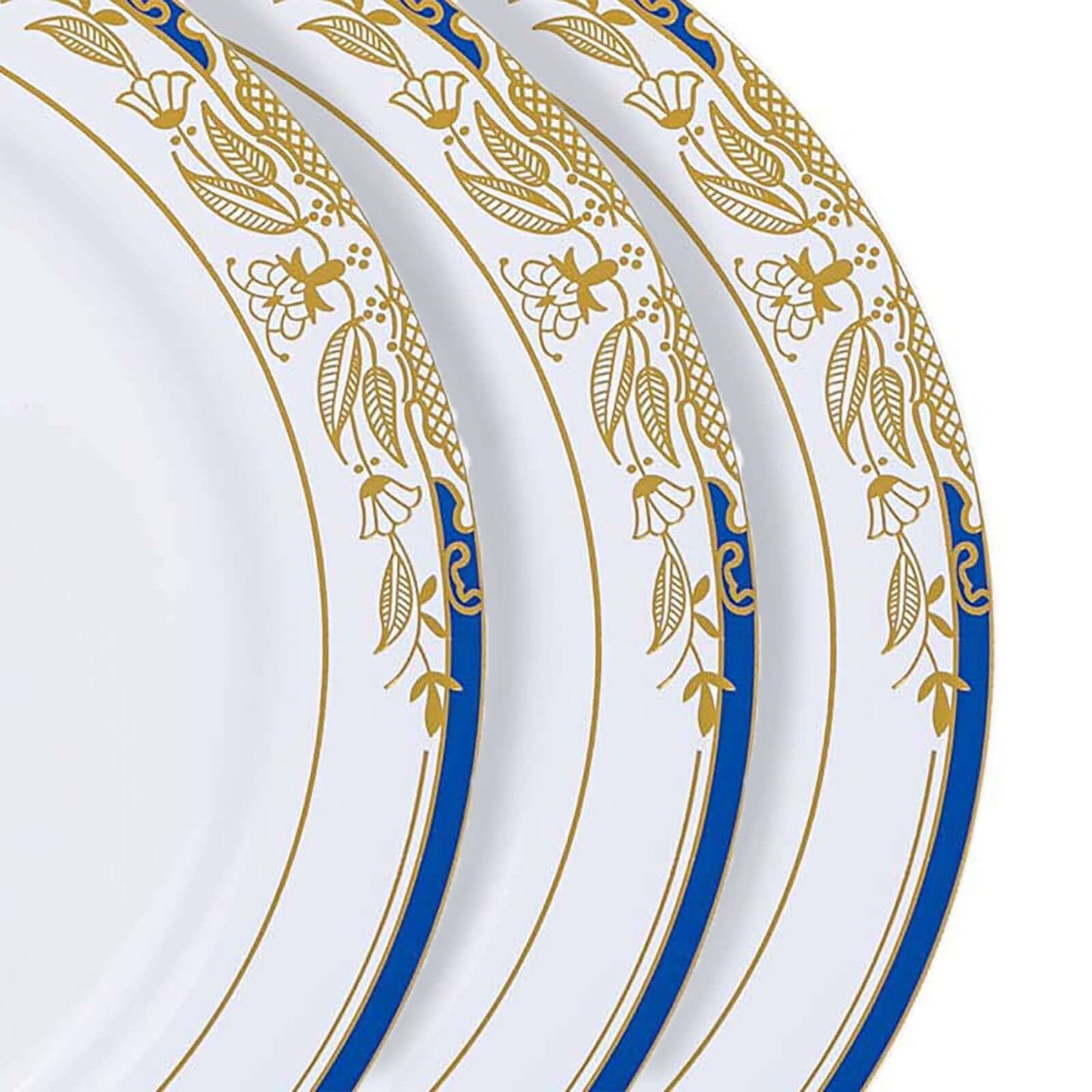 10 - Pack Plastic 10" Round Dinner Plates in White with Royal Blue Rim - Stylish Gold Vine Design Disposable Party Plates for Special Occasions & Celebrations - Linen Luxes