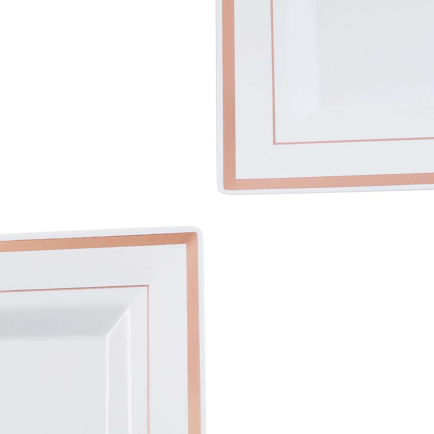 10 - Pack Plastic Dinner Plates White Square with Rose Gold Trim - Lightweight Disposable Plates for Events 10" - Linen Luxes