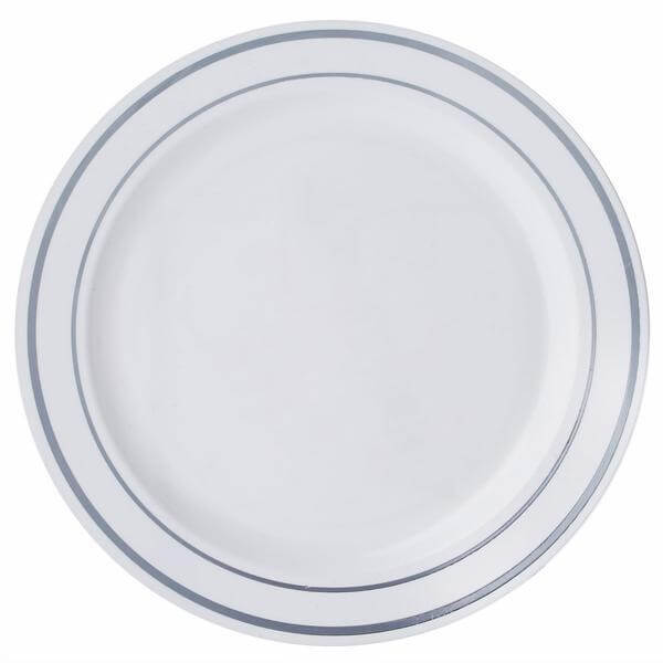 10 - Pack Plastic Dinner Plates White with Très Chic Silver Rim - Perfect Disposable Party Plates 10" - Linen Luxes