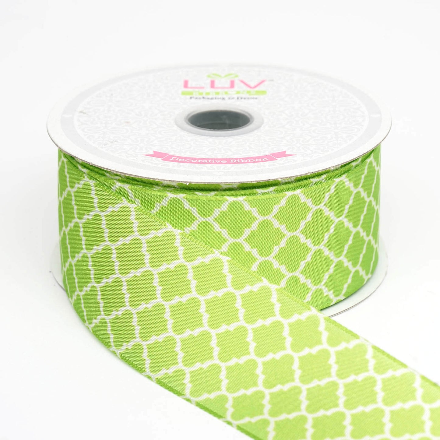 10 Yards 1.5" Apple Green Grosgrain Geometric Pattern Quatrefoil Ribbon - Linen Luxes