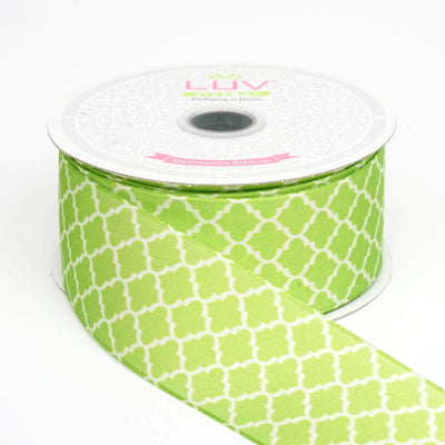 10 Yards 1.5" Apple Green Grosgrain Geometric Pattern Quatrefoil Ribbon - Linen Luxes