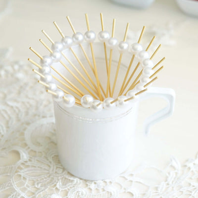 100 - Pack Bamboo Cocktail Picks Natural Pearl Decorative Top Design - Eco Friendly Stir Sticks 5" - Linen Luxes