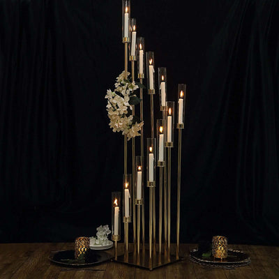 12 - Arm Cluster Taper Candle Holder Gold with Clear Glass Shades - Grand Candle Arrangement for Events 57" - Linen Luxes