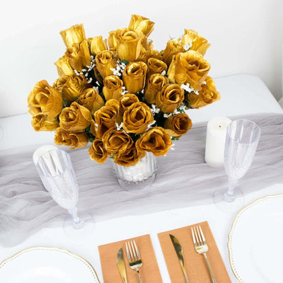 12 Bushes Gold Artificial Premium Silk Flower Rose Bud Bouquets - Linen Luxes