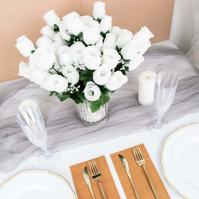 12 Bushes White Artificial Premium Silk Flower Rose Bud Bouquets - Linen Luxes