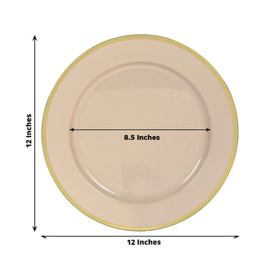 10 Pack Taupe Economy Plastic Charger Plates With Gold Rim, 12" Round Dinner Chargers Event Tabletop Decor