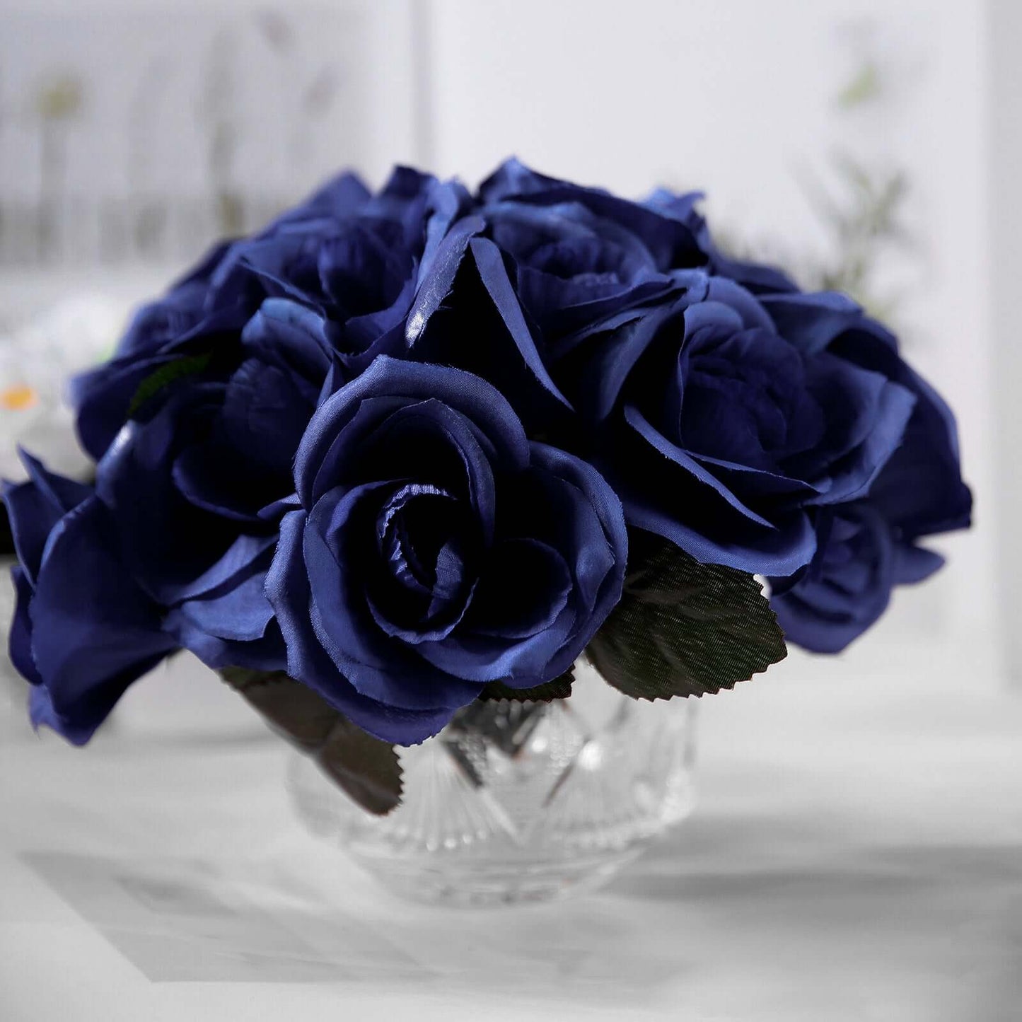 12" Navy Blue Artificial Velvet - Like Fabric Rose Flower Bouquet Bush - Linen Luxes