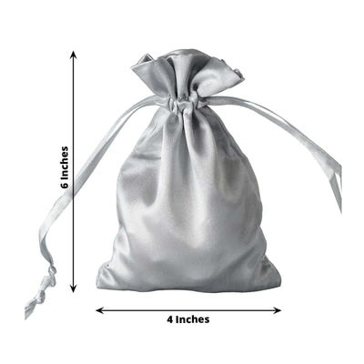 12 Pack 4"x6" Silver Satin Drawstring Wedding Party Favor Gift Bags - Linen Luxes