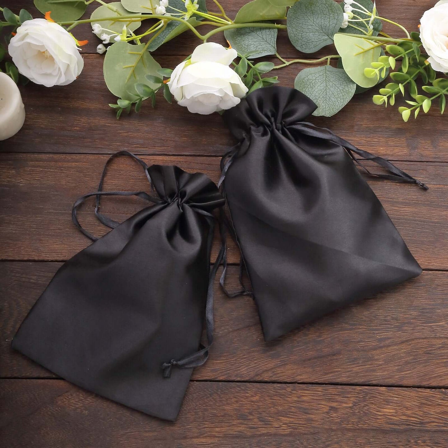 12 Pack 6"x9" Black Satin Drawstring Wedding Party Favor Gift Bags - Linen Luxes