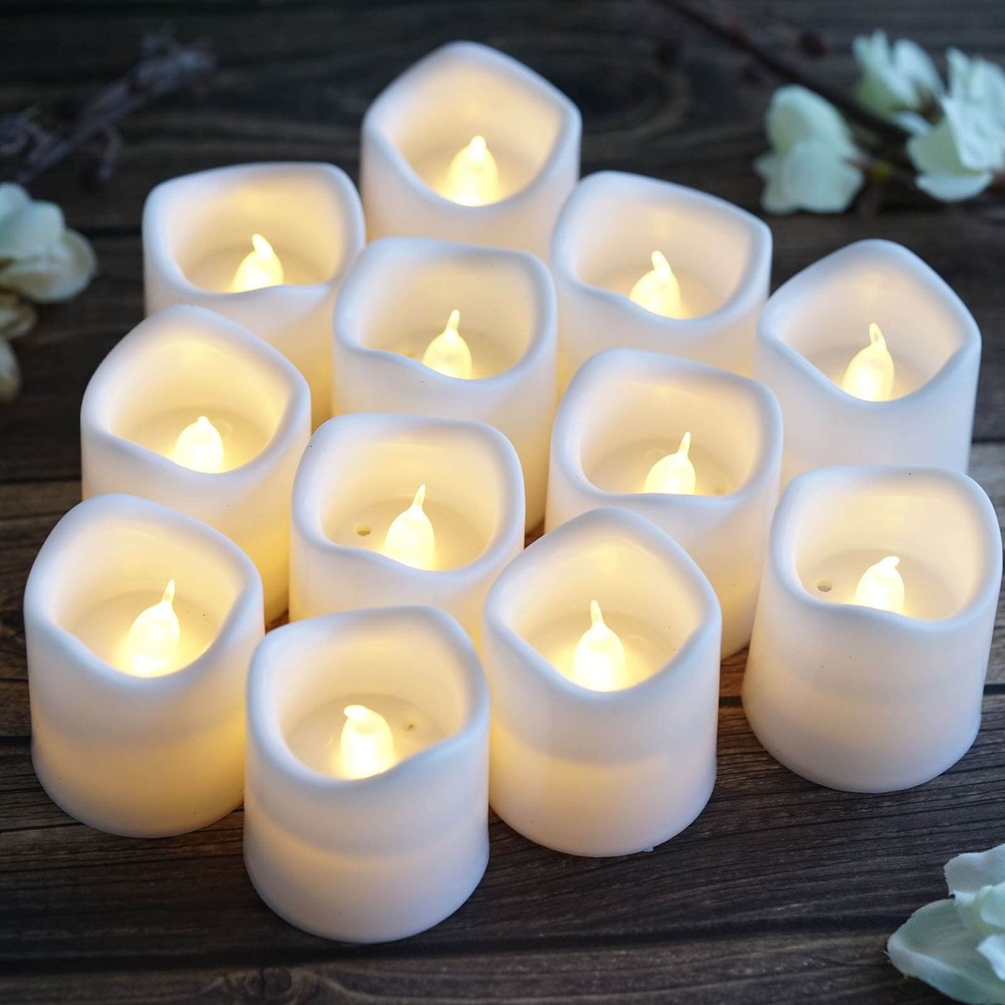 12 - Pack LED Votive Candles Classic White Design - Reusable Flameless Battery Operated Lights - Linen Luxes