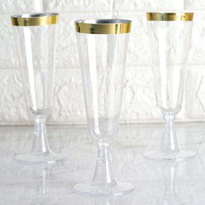 12 - Pack Plastic Champagne Flutes Clear with Gold Rim - Stylish Disposable Cocktail Glasses for Parties 5oz 6" - Linen Luxes