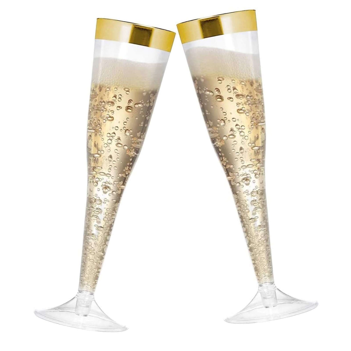 12 - Pack Plastic Champagne Flutes Clear/Gold Hollow Stem - Stylish Disposable Glasses with Detachable Base for Toasts 6oz - Linen Luxes