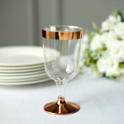 12 - Pack Plastic Wine Glasses Clear with Rose Gold Rim - Classy Disposable Cups with Detachable Base for Weddings & Special Occasions 6oz - Linen Luxes