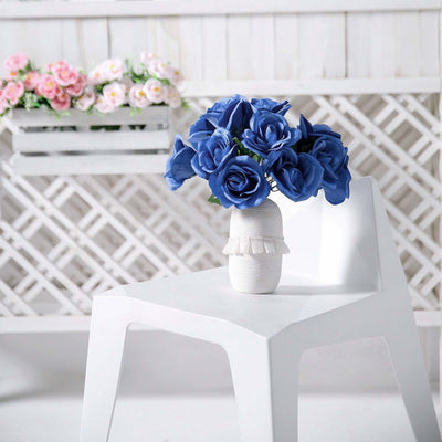 12" Royal Blue Artificial Velvet - Like Fabric Rose Flower Bouquet Bush - Linen Luxes