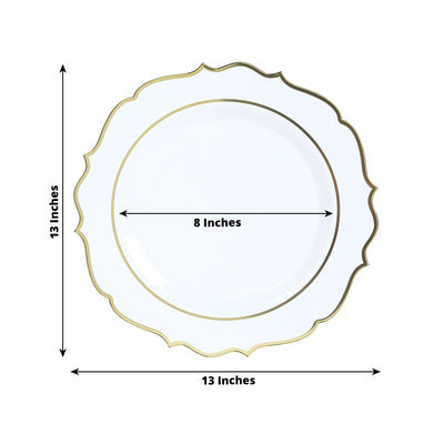 10-Pack Economy Plastic Round Charger Plates 13" in White with Gold Scalloped Rim, Decorative Dinner Party Serving Plates