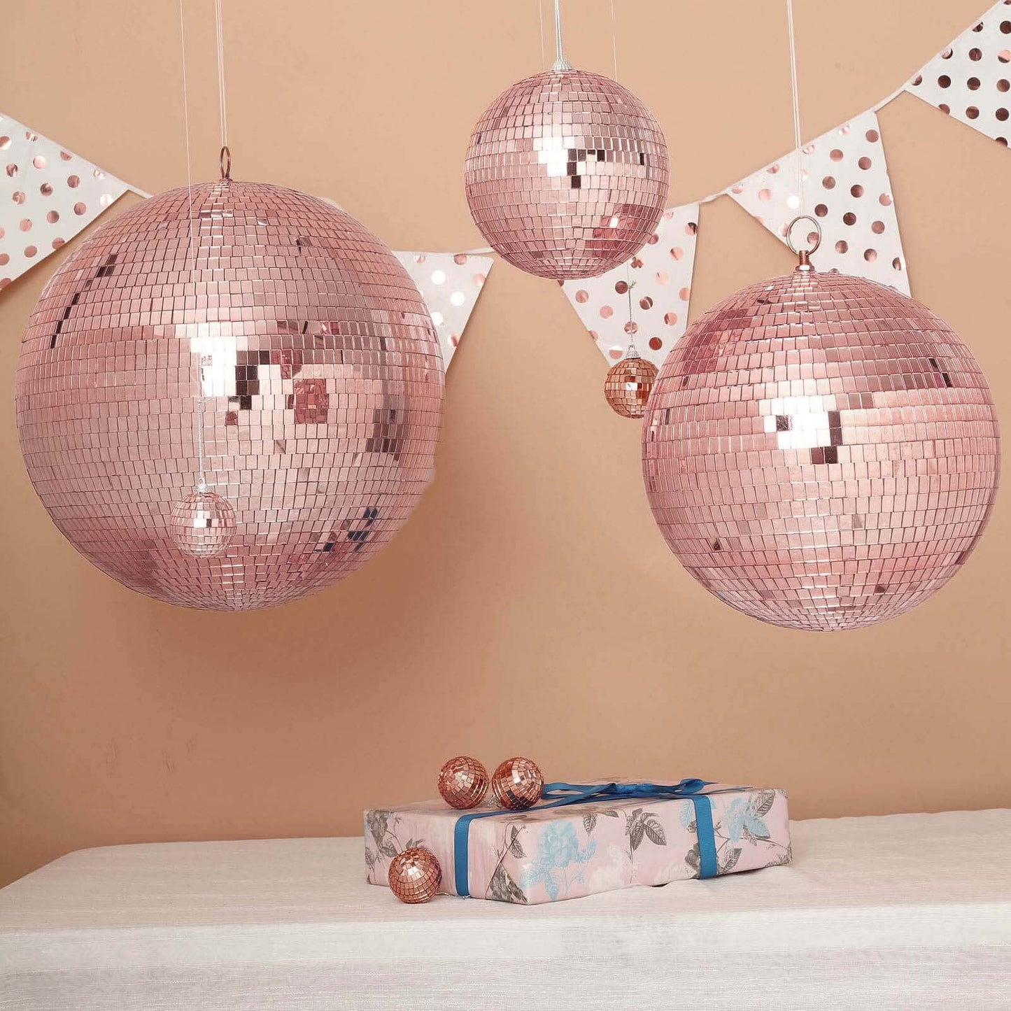 16" Large Rose Gold Foam Disco Mirror Ball With Hanging Swivel Ring, Holiday Party Decor - Linen Luxes
