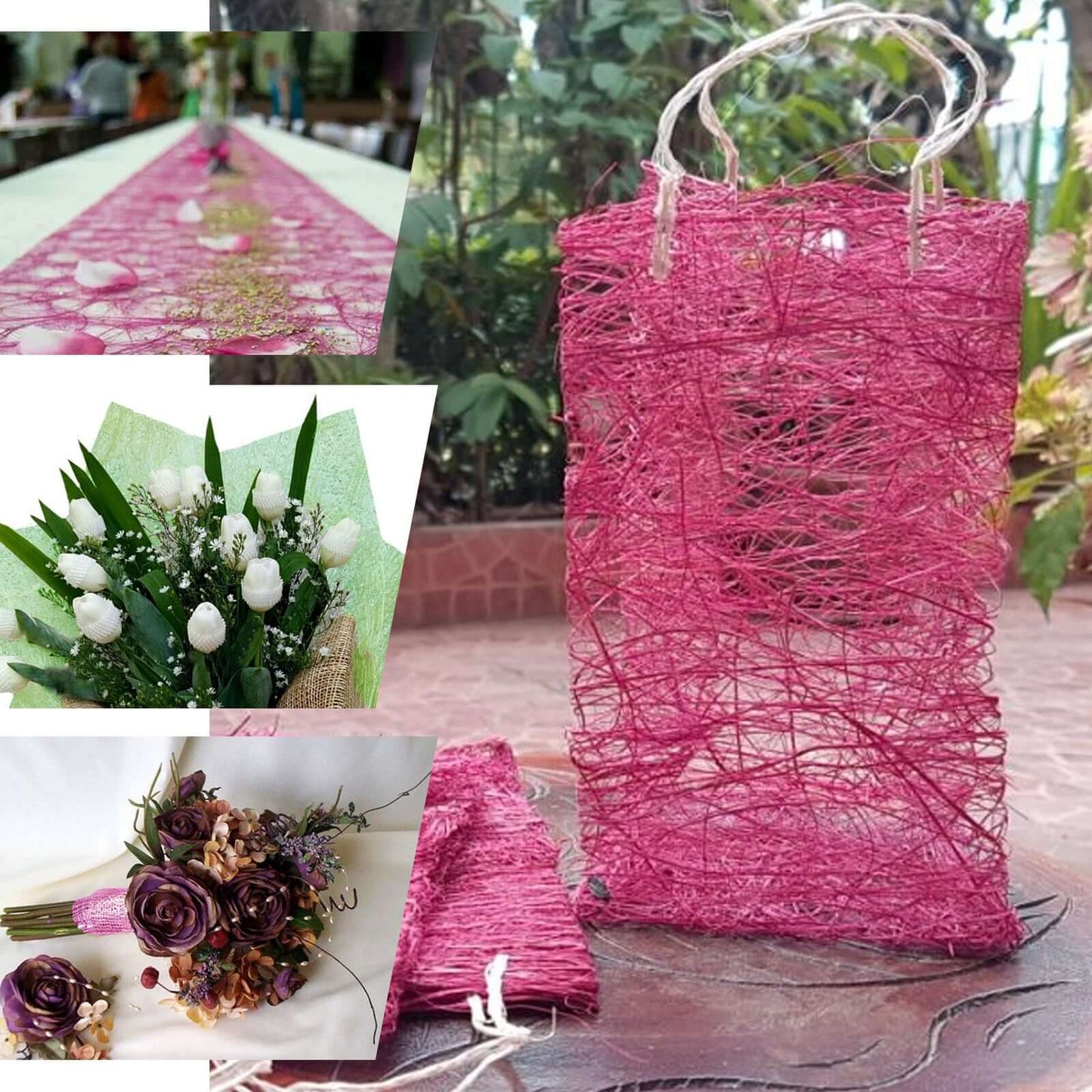 19"x5 Yards Fuchsia Glitter Deco Mesh Abaca Scrunch Roll, Wholesale Fabric - Linen Luxes