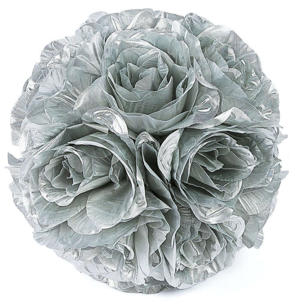 2 Pack 7" Silver Artificial Silk Rose Kissing Ball, Faux Flower Ball - Linen Luxes