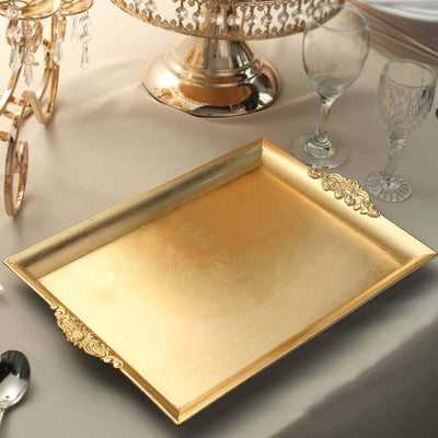 2 - Pack Acrylic Rectangle Serving Trays 14"x10" in Gold with Embossed Handles, Sleek Decorative Dinner Party Food Platters - Linen Luxes
