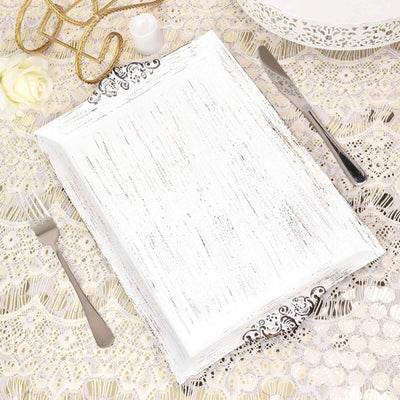 2 - Pack Acrylic Rectangle Serving Trays 14"x10" in White Wash with Embossed Handles, Antique Decorative Dinner Party Food Platters - Linen Luxes