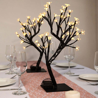 2 - Pack Artificial Tree Centerpieces Cherry Blossom Design Black with 36 Warm White LEDs - Battery Operated Table Décor - Linen Luxes