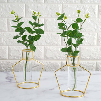 2 - Pack Flower Stands Gold Metal Frame Geometric Design - Test Tube Vase Centerpieces 6.5" - Linen Luxes