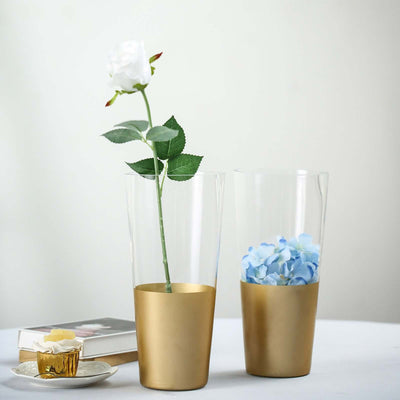 2 - Pack Glass Bud Vases Cylinder Design Clear with Gold Accents - Stylish Flower Centerpieces for Events 12" - Linen Luxes