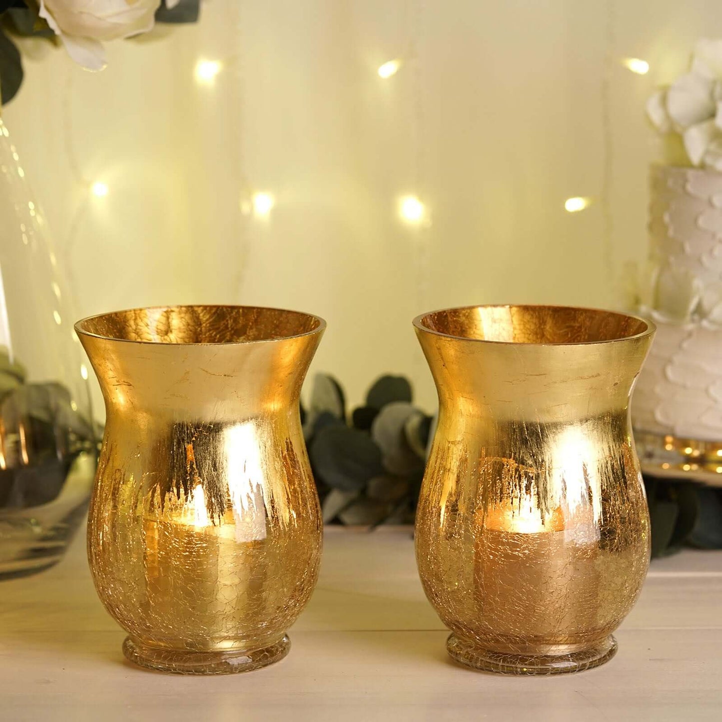 2 - Pack Glass Hurricane Vases Bell Shaped Crackle Gold Curvy Design - Stylish Candle Holder Centerpieces 8" - Linen Luxes
