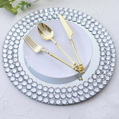 2 - Pack Mirror Glass Round Charger Plates 13" with Silver Mirror Diamond Beaded Rim, Upscale Decorative Chargers - Linen Luxes