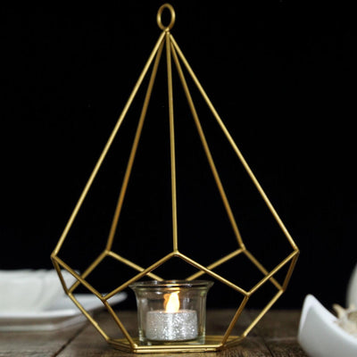 2 - Pack Tealight Candle Holders Gold Metal Pentagon Geometric Open Frame - Flower Stand 9" - Linen Luxes