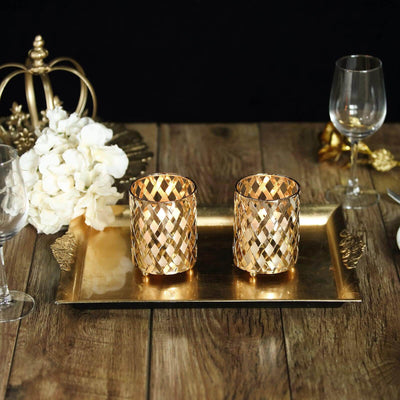 2 - Pack Votive Candle Holders Gold Metal Diamond Cut Geometric Design - Perfect for Home Décor and Events 4" - Linen Luxes