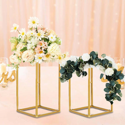 2 - Pack Wedding Flower Stand Gold Metal Geometric Column Frame Rectangular - Versatile Floral Pedestal for Sophisticated Arrangements 12" - Linen Luxes