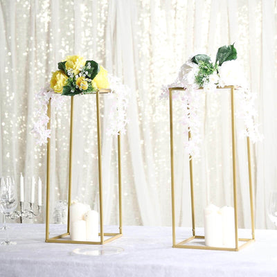 2 - Pack Wedding Flower Stand Gold Metal Geometric Column Frame Rectangular - Versatile Floral Pedestal for Sophisticated Arrangements 24" - Linen Luxes