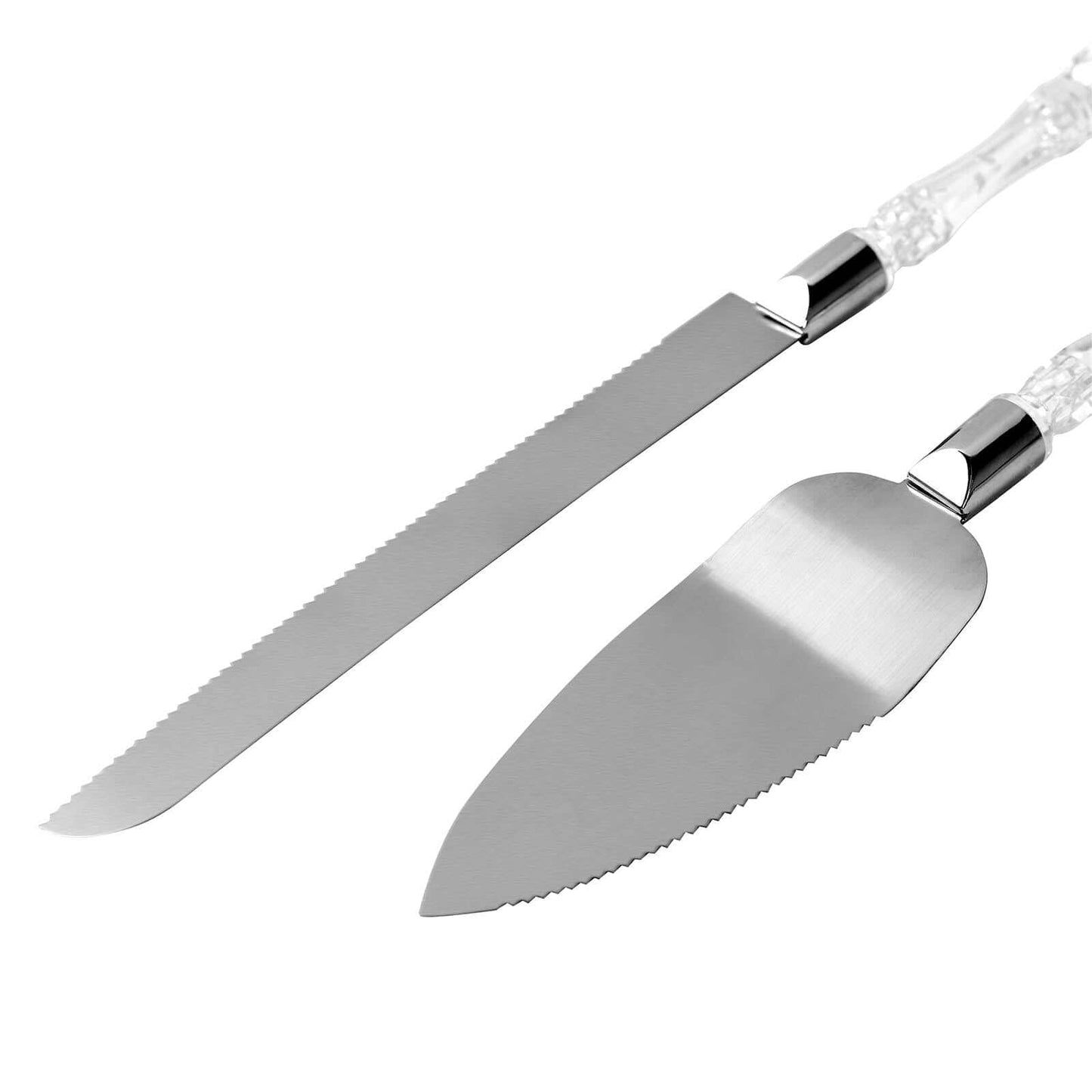 2 Set Knife and Server Stainless Steel with Clear Acrylic Handle - Party Favors with Gift Box 10" & 12" - Linen Luxes