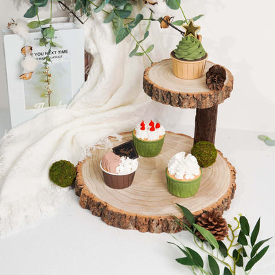 2 - Tier Wooden Cheese Board Stand Elm Wood Slice Design Natural - Rustic Cupcake Centerpiece 8" - Linen Luxes