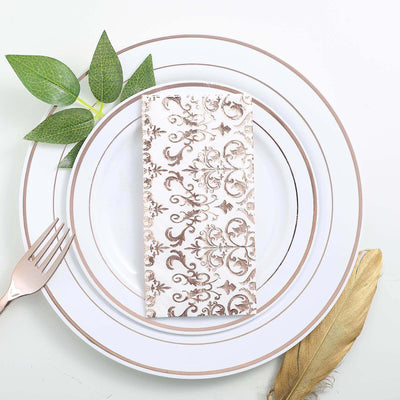 20 - Pack Paper Dinner Napkins with Vintage Print Metallic Rose Gold - Disposable 3 Ply Cocktail Napkins for Weddings - Linen Luxes