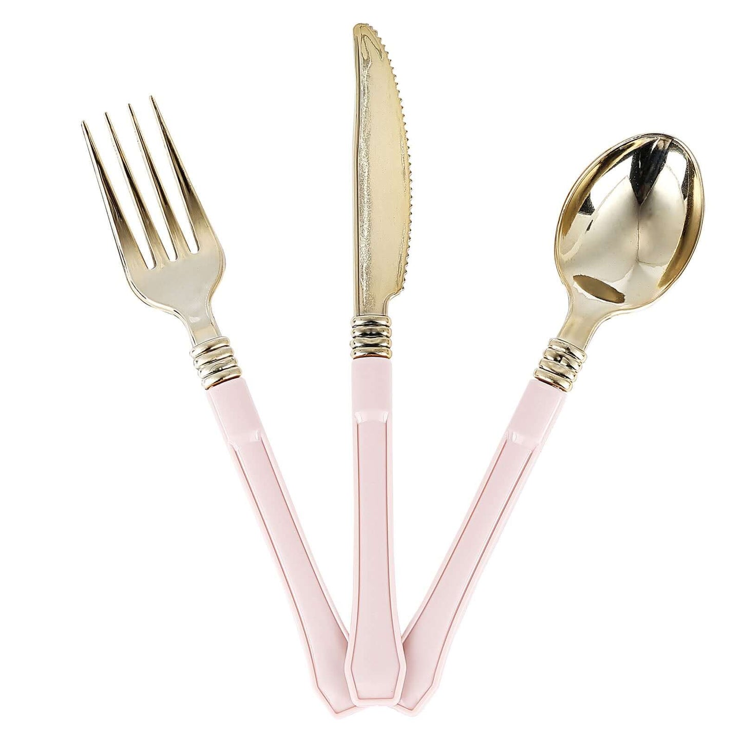 24 Pack Gold 7.5" Heavy Duty Plastic Knives with Blush Handle, Disposable Silverware - Linen Luxes
