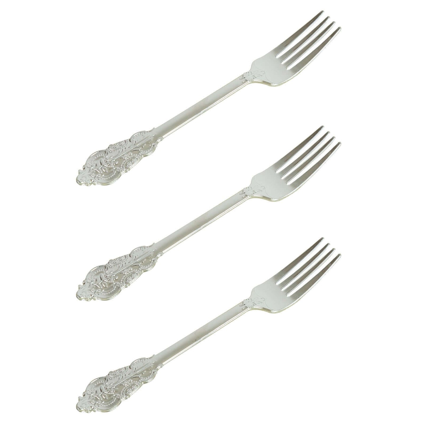 24 - Pack Plastic Forks Baroque Style Metallic Silver - Heavy Duty Disposable Silverware 8" - Linen Luxes