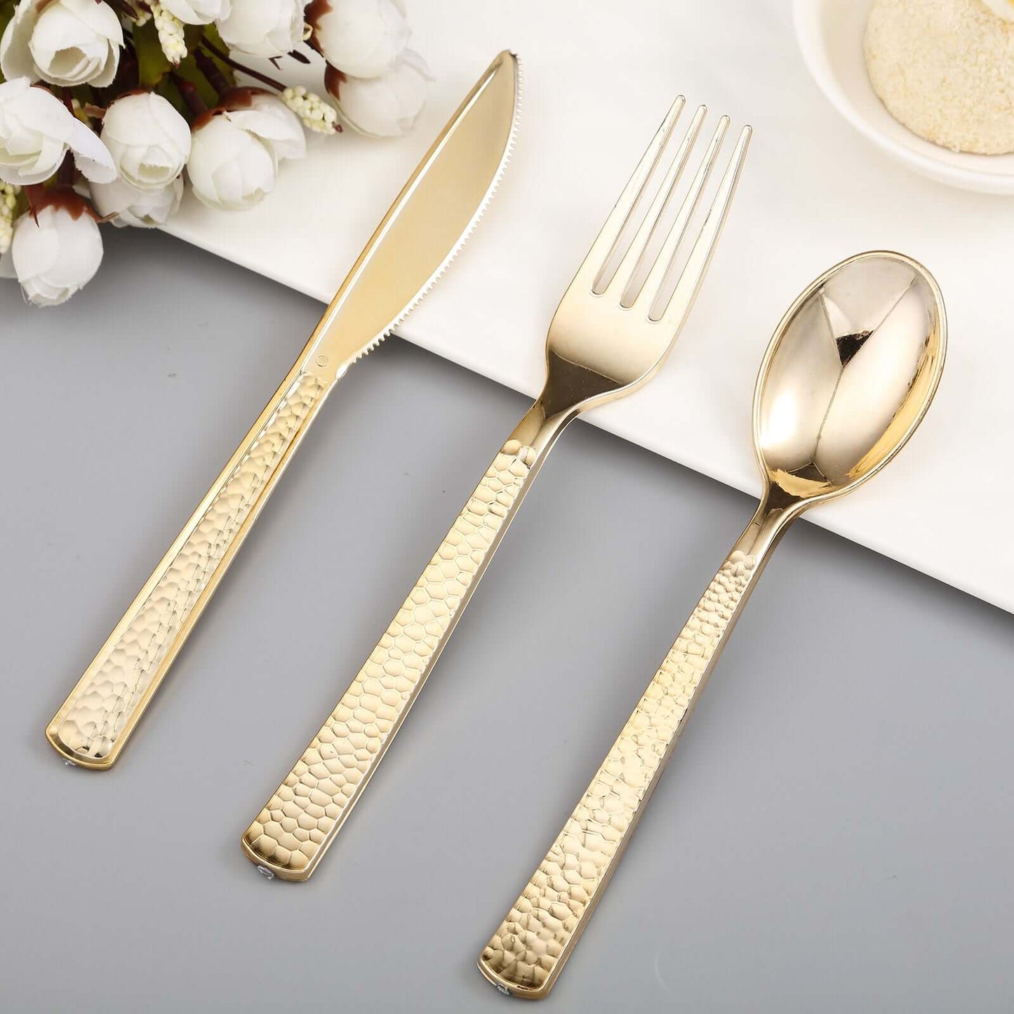 24 - Pack Plastic Forks with Hammered Style Gold - Heavy Duty Disposable Silverware 7" - Linen Luxes