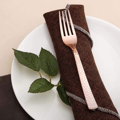 24 - Pack Plastic Forks with Hammered Style Rose Gold - Heavy Duty Disposable Silverware 7" - Linen Luxes
