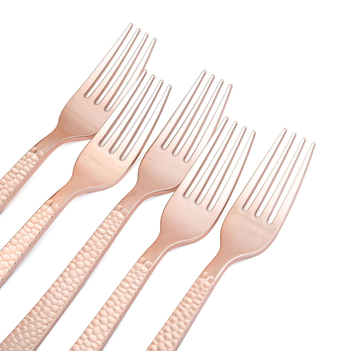 24 - Pack Plastic Forks with Hammered Style Rose Gold - Heavy Duty Disposable Silverware 7" - Linen Luxes