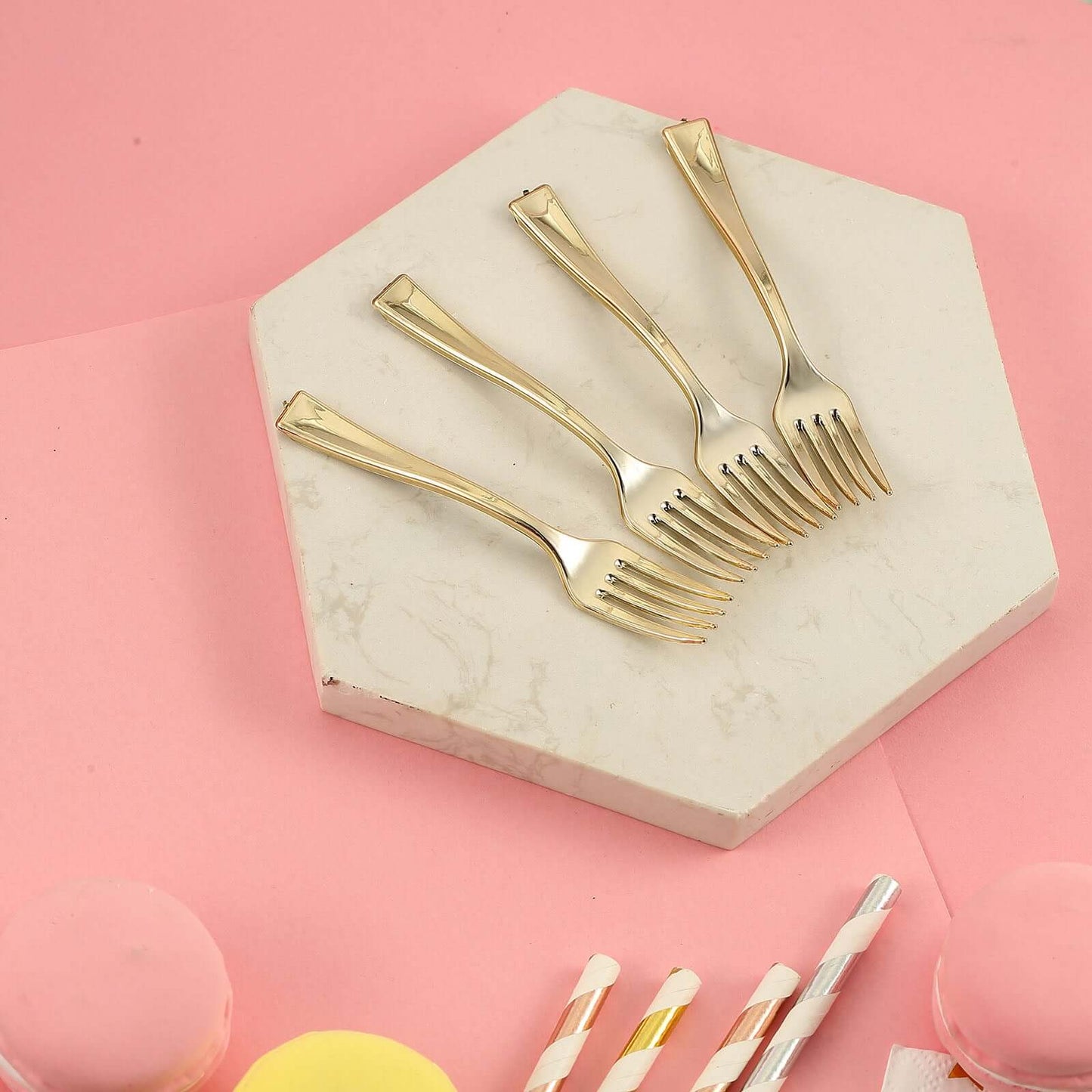 24 - Pack Plastic Mini Dessert Forks Gold - Heavy Duty Disposable Appetizer Forks 4" - Linen Luxes