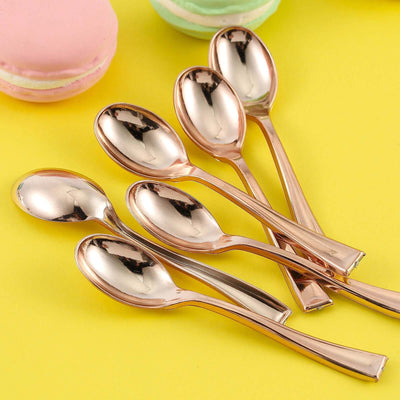 24 - Pack Plastic Mini Dessert Spoons Rose Gold - Heavy Duty Disposable Silverware 4" - Linen Luxes