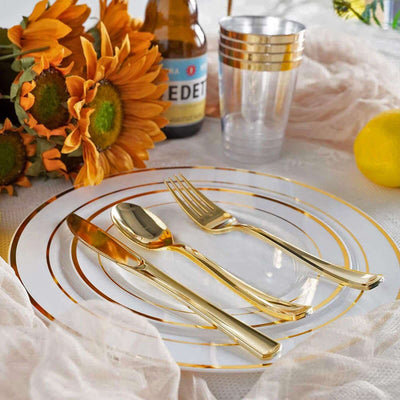 24 - Pack Plastic Utensil Set Metallic Gold Classic Heavy Duty - Decorative Disposable Tableware 7", 8" - Linen Luxes